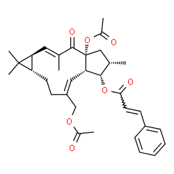 ChemSpider 2D Image | (1aS,2E,4aR,6S,7S,7aS,8Z,11aS)-4a-Acetoxy-9-(acetoxymethyl)-1,1,3,6-tetramethyl-4-oxo-1a,4,4a,5,6,7,7a,10,11,11a-decahydro-1H-cyclopenta[a]cyclopropa[f][11]annulen-7-yl (2E)-3-phenylacrylate | C33H40O7