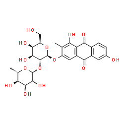 ChemSpider 2D Image | 4,7-Dihydroxy-3-methyl-9,10-dioxo-9,10-dihydro-2-anthracenyl 2-O-(6-deoxy-beta-L-mannopyranosyl)-beta-D-galactopyranoside | C27H30O14