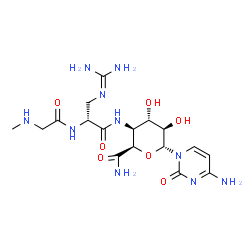 ChemSpider 2D Image | (2R,3S,4S,5R,6R)-6-(4-Amino-2-oxo-1(2H)-pyrimidinyl)-3-{[(2R)-3-[(diaminomethylene)amino]-2-{[(methylamino)acetyl]amino}propanoyl]amino}-4,5-dihydroxytetrahydro-2H-pyran-2-carboxamide (non-preferred n
ame) | C17H28N10O7