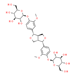 ChemSpider 2D Image | 4-{(1S,3aR,4S,6aS)-4-[4-(beta-D-Glucopyranosyloxy)-3-methoxyphenyl]tetrahydro-1H,3H-furo[3,4-c]furan-1-yl}-2-methoxyphenyl beta-D-glucopyranoside | C32H42O16