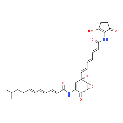 ChemSpider 2D Image | (2E,4E,6E)-N-[(1S,5S,6R)-5-Hydroxy-5-{(1E,3E,5E)-7-[(2-hydroxy-5-oxo-1-cyclopenten-1-yl)amino]-7-oxo-1,3,5-heptatrien-1-yl}-2-oxo-7-oxabicyclo[4.1.0]hept-3-en-3-yl]-10-methyl-2,4,6-undecatrienamide | C30H34N2O7