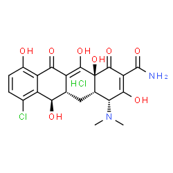 ChemSpider 2D Image | (4R,4aS,5aS,6R,12aS)-7-Chloro-4-(dimethylamino)-3,6,10,12,12a-pentahydroxy-1,11-dioxo-1,4,4a,5,5a,6,11,12a-octahydro-2-tetracenecarboxamide hydrochloride (1:1) | C21H22Cl2N2O8
