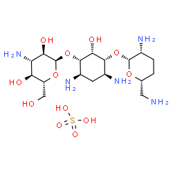 ChemSpider 2D Image | (1S,2R,3R,4S,6R)-4,6-Diamino-3-[(2,6-diamino-2,3,4,6-tetradeoxy-beta-L-threo-hexopyranosyl)oxy]-2-hydroxycyclohexyl 3-amino-3-deoxy-alpha-D-glucopyranoside sulfate (1:1) | C18H39N5O12S