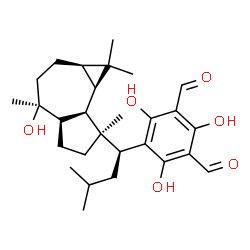 ChemSpider 2D Image | 2,4,6-Trihydroxy-5-{(1S)-1-[(1aR,4S,7S,7aR,7bR)-4-hydroxy-1,1,4,7-tetramethyldecahydro-1H-cyclopropa[e]azulen-7-yl]-3-methylbutyl}isophthalaldehyde | C28H40O6