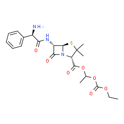 ChemSpider 2D Image | 1-[(Ethoxycarbonyl)oxy]ethyl (2S,5R,6S)-6-{[(2R)-2-amino-2-phenylacetyl]amino}-3,3-dimethyl-7-oxo-4-thia-1-azabicyclo[3.2.0]heptane-2-carboxylate | C21H27N3O7S