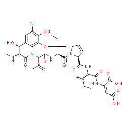 ChemSpider 2D Image | (2E)-2-{[(2E)-2-({[(2S)-1-{[(3R,4S,7S,10R,11R)-14-Chloro-3-ethyl-11,15-dihydroxy-7-isopropenyl-3-methyl-10-(methylamino)-6,9-dioxo-2-oxa-5,8-diazabicyclo[10.3.1]hexadeca-1(16),12,14-trien-4-yl]carbony
l}-2,5-dihydro-1H-pyrrol-2-yl]carbonyl}amino)-3-methyl-2-pentenoyl]amino}-2-butenedioic acid | C36H45ClN6O12