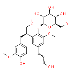 ChemSpider 2D Image | 2-[(2R)-1-Hydroxy-3-(4-hydroxy-3-methoxyphenyl)-2-propanyl]-4-[(1E)-3-hydroxy-1-propen-1-yl]-6-methoxyphenyl beta-D-glucopyranoside | C26H34O11