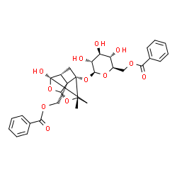ChemSpider 2D Image | {(1R,2R,3S,5R,6R,8S)-3-[(6-O-Benzoyl-beta-D-glucopyranosyl)oxy]-6-hydroxy-8-methyl-9,10-dioxatetracyclo[4.3.1.0~2,5~.0~3,8~]dec-2-yl}methyl benzoate | C30H32O12