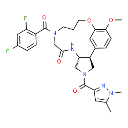 ChemSpider 2D Image | (2S,6R)-10-(4-Chloro-2-fluorobenzoyl)-4-[(1,5-dimethyl-1H-pyrazol-3-yl)carbonyl]-16-methoxy-14-oxa-4,7,10-triazatricyclo[13.3.1.0~2,6~]nonadeca-1(19),15,17-trien-8-one | C29H31ClFN5O5