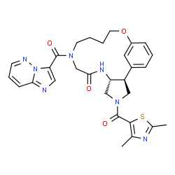 ChemSpider 2D Image | (2S,6R)-4-[(2,4-Dimethyl-1,3-thiazol-5-yl)carbonyl]-10-(imidazo[1,2-b]pyridazin-3-ylcarbonyl)-15-oxa-4,7,10-triazatricyclo[14.3.1.0~2,6~]icosa-1(20),16,18-trien-8-one | C29H31N7O4S