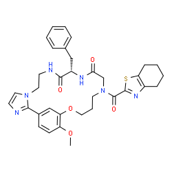 ChemSpider 2D Image | (11S)-11-Benzyl-21-methoxy-15-(4,5,6,7-tetrahydro-1,3-benzothiazol-2-ylcarbonyl)-19-oxa-3,6,9,12,15-pentaazatricyclo[18.3.1.0~2,6~]tetracosa-1(24),2,4,20,22-pentaene-10,13-dione | C34H38N6O5S
