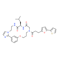 ChemSpider 2D Image | (11R)-11-Isobutyl-15-{3-[5-(2-thienyl)-2-furyl]propanoyl}-19-oxa-3,6,9,12,15-pentaazatricyclo[18.3.1.0~2,6~]tetracosa-1(24),2,4,20,22-pentaene-10,13-dione | C33H39N5O5S