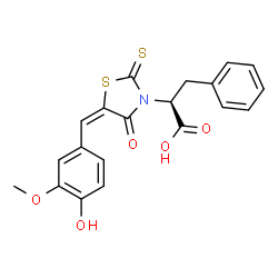 ChemSpider 2D Image | (2S)-2-[(5E)-5-(4-Hydroxy-3-methoxybenzylidene)-4-oxo-2-thioxo-1,3-thiazolidin-3-yl]-3-phenylpropanoic acid | C20H17NO5S2