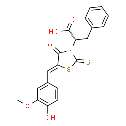 ChemSpider 2D Image | (2S)-2-[(5Z)-5-(4-Hydroxy-3-methoxybenzylidene)-4-oxo-2-thioxo-1,3-thiazolidin-3-yl]-3-phenylpropanoic acid | C20H17NO5S2