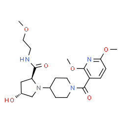 ChemSpider 2D Image | (4R)-1-{1-[(2,6-Dimethoxy-3-pyridinyl)carbonyl]-4-piperidinyl}-4-hydroxy-N-(2-methoxyethyl)-L-prolinamide | C21H32N4O6