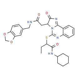 ChemSpider 2D Image | 2-[(3-{2-[(1,3-Benzodioxol-5-ylmethyl)amino]-2-oxoethyl}-2-oxo-2,3-dihydroimidazo[1,2-c]quinazolin-5-yl)sulfanyl]-N-cyclohexylbutanamide | C30H33N5O5S
