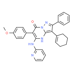ChemSpider 2D Image | 3-(1-Cyclohexen-1-yl)-6-(4-methoxyphenyl)-2-phenyl-5-(2-pyridinylamino)pyrazolo[1,5-a]pyrimidin-7(4H)-one | C30H27N5O2