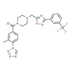 ChemSpider 2D Image | [3-Methyl-4-(1H-tetrazol-1-yl)phenyl][4-({3-[3-(trifluoromethyl)phenyl]-1,2,4-oxadiazol-5-yl}methyl)-1-piperazinyl]methanone | C23H21F3N8O2