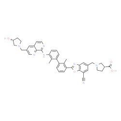 ChemSpider 2D Image | (3R)-1-[(7-Cyano-2-{3'-[(3-{[(3R)-3-hydroxy-1-pyrrolidinyl]methyl}-1,7-naphthyridin-8-yl)amino]-2,2'-dimethyl-3-biphenylyl}-1,3-benzoxazol-5-yl)methyl]-3-pyrrolidinecarboxylic acid | C41H39N7O4