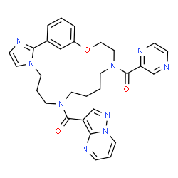 ChemSpider 2D Image | 2-Pyrazinyl[10-(pyrazolo[1,5-a]pyrimidin-3-ylcarbonyl)-18-oxa-3,6,10,15-tetraazatricyclo[17.3.1.0~2,6~]tricosa-1(23),2,4,19,21-pentaen-15-yl]methanone | C30H31N9O3