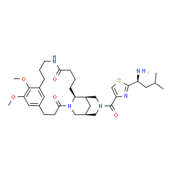 ChemSpider 2D Image | (1R,2S,21S)-23-({2-[(1S)-1-Amino-3-methylbutyl]-1,3-thiazol-4-yl}carbonyl)-12,13-dimethoxy-7,19,23-triazatetracyclo[19.3.1.1~11,15~.0~2,19~]hexacosa-11(26),12,14-triene-6,18-dione | C34H49N5O5S