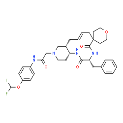 ChemSpider 2D Image | 2-[(3'R,8'E,10a'S,14a'R)-3'-Benzyl-2',5'-dioxo-1',2,2',3,3',4',5,5',6,7',10',10a',11',13',14',14a'-hexadecahydro-12'H-spiro[pyran-4,6'-pyrido[4,3-e][1,4]diazacyclododecin]-12'-yl]-N-[4-(difluoromethox
y)phenyl]acetamide | C33H40F2N4O5
