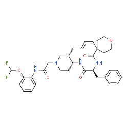 ChemSpider 2D Image | 2-[(3'S,8'E,10a'S,14a'R)-3'-Benzyl-2',5'-dioxo-1',2,2',3,3',4',5,5',6,7',10',10a',11',13',14',14a'-hexadecahydro-12'H-spiro[pyran-4,6'-pyrido[4,3-e][1,4]diazacyclododecin]-12'-yl]-N-[2-(difluoromethox
y)phenyl]acetamide | C33H40F2N4O5