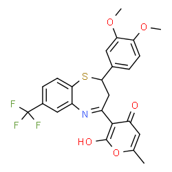 ChemSpider 2D Image | 3-[2-(3,4-Dimethoxyphenyl)-7-(trifluoromethyl)-2,3-dihydro-1,5-benzothiazepin-4-yl]-2-hydroxy-6-methyl-4H-pyran-4-one | C24H20F3NO5S