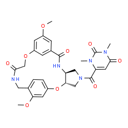 ChemSpider 2D Image | (3S,7S)-5-[(1,3-Dimethyl-2,6-dioxo-1,2,3,6-tetrahydro-4-pyrimidinyl)carbonyl]-12,21-dimethoxy-2,15-dioxa-5,8,18-triazatetracyclo[18.2.2.1~10,14~.0~3,7~]pentacosa-1(22),10(25),11,13,20,23-hexaene-9,17-
dione | C29H31N5O9