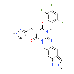 ChemSpider 2D Image | (6E)-6-[(6-Chloro-2-methyl-2H-indazol-5-yl)imino]-3-[(1-methyl-1H-1,2,4-triazol-3-yl)methyl]-1-(2,4,5-trifluorobenzyl)-1,3,5-triazinane-2,4-dione | C22H17ClF3N9O2