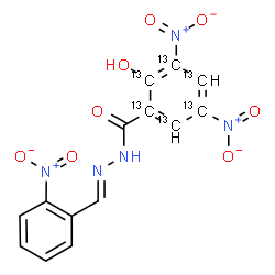 ChemSpider 2D Image | 2-Hydroxy-3,5-dinitro-N'-[(E)-(2-nitrophenyl)methylene](~13~C_6_)benzohydrazide | C813C6H9N5O8