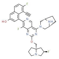 ChemSpider 2D Image | 4-(4-[(1R,5S)-3,8-Diazabicyclo[3.2.1]oct-3-yl]-8-fluoro-2-{[(2R,7aS)-2-fluorotetrahydro-1H-pyrrolizin-7a(5H)-yl]methoxy}pyrido[4,3-d]pyrimidin-7-yl)-5-ethynyl-6-fluoro-2-naphthol | C33H31F3N6O2