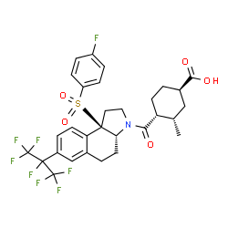 ChemSpider 2D Image | (1R,3S,4R)-4-{[(3aR,9bR)-9b-[(4-Fluorophenyl)sulfonyl]-7-(1,1,1,2,3,3,3-heptafluoro-2-propanyl)-1,2,3a,4,5,9b-hexahydro-3H-benzo[e]indol-3-yl]carbonyl}-3-methylcyclohexanecarboxylic acid | C30H29F8NO5S