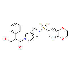ChemSpider 2D Image | (2S)-1-[5-(2,3-Dihydro[1,4]dioxino[2,3-b]pyridin-7-ylsulfonyl)-3,4,5,6-tetrahydropyrrolo[3,4-c]pyrrol-2(1H)-yl]-3-hydroxy-2-phenyl-1-propanone | C22H23N3O6S