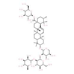 ChemSpider 2D Image | 1-O-[(3beta,20beta)-3-{[6-Deoxy-alpha-L-mannopyranosyl-(1->2)-beta-D-glucopyranosyl-(1->2)-beta-D-xylopyranosyl]oxy}-19-hydroxy-28-oxours-12-en-28-yl]-beta-D-glucopyranose | C53H86O22