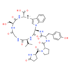 ChemSpider 2D Image | 5-Oxo-D-prolyl-L-prolyl-N-[(2R,5S,11S,14S)-14-carboxy-11-(hydroxymethyl)-5-isopropyl-3,6,9,12-tetraoxo-1,4,7,10,13-pentaazatricyclo[14.6.1.0~17,22~]tricosa-16(23),17,19,21-tetraen-2-yl]-L-tyrosinamide | C42H51N9O12