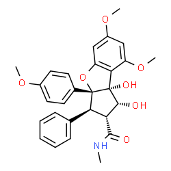 ChemSpider 2D Image | (1R,2R,3S,3aR,8bR)-1,8b-Dihydroxy-6,8-dimethoxy-3a-(4-methoxyphenyl)-N-methyl-3-phenyl-2,3,3a,8b-tetrahydro-1H-benzo[b]cyclopenta[d]furan-2-carboxamide | C28H29NO7