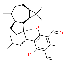 ChemSpider 2D Image | 2,4,6-Trihydroxy-5-{(1R)-3-methyl-1-[(1aR,4aR,7S,7aR,7bR)-1,1,7-trimethyl-4-methylenedecahydro-1H-cyclopropa[e]azulen-7-yl]butyl}isophthalaldehyde | C28H38O5