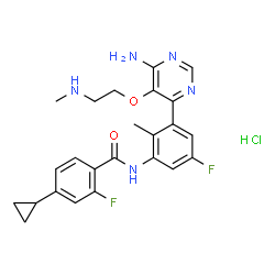 ChemSpider 2D Image | N-(3-{6-Amino-5-[2-(methylamino)ethoxy]-4-pyrimidinyl}-5-fluoro-2-methylphenyl)-4-cyclopropyl-2-fluorobenzamide hydrochloride (1:1) | C24H26ClF2N5O2