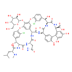 ChemSpider 2D Image | (1S,2R,18R,22S,25R,28R)-22-(2-Amino-2-oxoethyl)-5,15-dichloro-48-[(4xi)-beta-D-xylo-hexopyranosyloxy]-2,18,32,35,37-pentahydroxy-19-[(N-methyl-D-leucyl)amino]-20,23,26,42,44-pentaoxo-7,13-dioxa-21,24,
27,41,43-pentaazaoctacyclo[26.14.2.2~3,6~.2~14,17~.1~8,12~.1~29,33~.0~10,25~.0~34,39~]pentaconta-3,5,8(48),9,11,14,16,29(45),30,32,34,36,38,46,49-pentadecaene-40-carboxylic acid | C59H62Cl2N8O22
