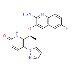 ChemSpider 2D Image | 6-{(1S)-1-[(2-Amino-6-fluoro-3-quinolinyl)oxy]ethyl}-5-(1H-pyrazol-1-yl)-2(1H)-pyridinone | C19H16FN5O2