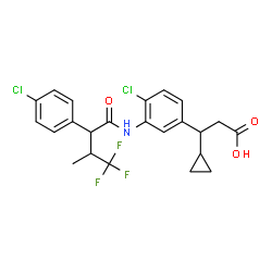 ChemSpider 2D Image | 3-(4-Chloro-3-{[2-(4-chlorophenyl)-4,4,4-trifluoro-3-methylbutanoyl]amino}phenyl)-3-cyclopropylpropanoic acid | C23H22Cl2F3NO3