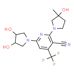 ChemSpider 2D Image | 6-(3,4-Dihydroxy-1-pyrrolidinyl)-2-(3-hydroxy-3-methyl-1-pyrrolidinyl)-4-(trifluoromethyl)nicotinonitrile | C16H19F3N4O3
