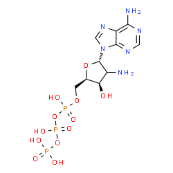 ChemSpider 2D Image | 9-[(2xi)-2-Amino-2-deoxy-5-O-(hydroxy{[hydroxy(phosphonooxy)phosphoryl]oxy}phosphoryl)-alpha-D-threo-pentofuranosyl]-9H-purin-6-amine | C10H17N6O12P3