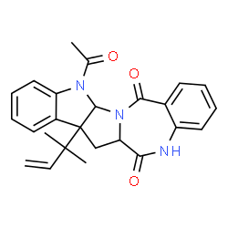 ChemSpider 2D Image | 12-Acetyl-7a-(2-methyl-3-buten-2-yl)-7,7a,12,12a-tetrahydroindolo[3',2':4,5]pyrrolo[2,1-c][1,4]benzodiazepine-6,14(5H,6aH)-dione | C25H25N3O3