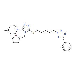 ChemSpider 2D Image | 4-Methyl-1-[5-{[5-(5-phenyl-2H-tetrazol-2-yl)pentyl]sulfanyl}-4-(tetrahydro-2-furanylmethyl)-4H-1,2,4-triazol-3-yl]piperidine | C25H36N8OS