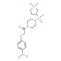 ChemSpider 2D Image | 1-{4-[(1,1-Dioxidotetrahydro-3-thiophenyl)sulfonyl]-1-piperazinyl}-2-(4-nitrophenoxy)ethanone | C16H21N3O8S2