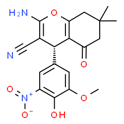 ChemSpider 2D Image | (4R)-2-Amino-4-(4-hydroxy-3-methoxy-5-nitrophenyl)-7,7-dimethyl-5-oxo-5,6,7,8-tetrahydro-4H-chromene-3-carbonitrile | C19H19N3O6