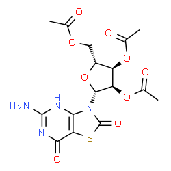 ChemSpider 2D Image | 5-Amino-3-(2,3,5-tri-O-acetyl-beta-D-ribofuranosyl)[1,3]thiazolo[4,5-d]pyrimidine-2,7(3H,4H)-dione | C16H18N4O9S