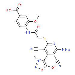 ChemSpider 2D Image | 4-[2-Amino-6-({2-[(4-carboxy-2-methoxyphenyl)amino]-2-oxoethyl}sulfanyl)-3,5-dicyano-4-pyridinyl]-3-methyl-1,2,3-oxadiazol-3-ium-5-olate | C20H15N7O6S